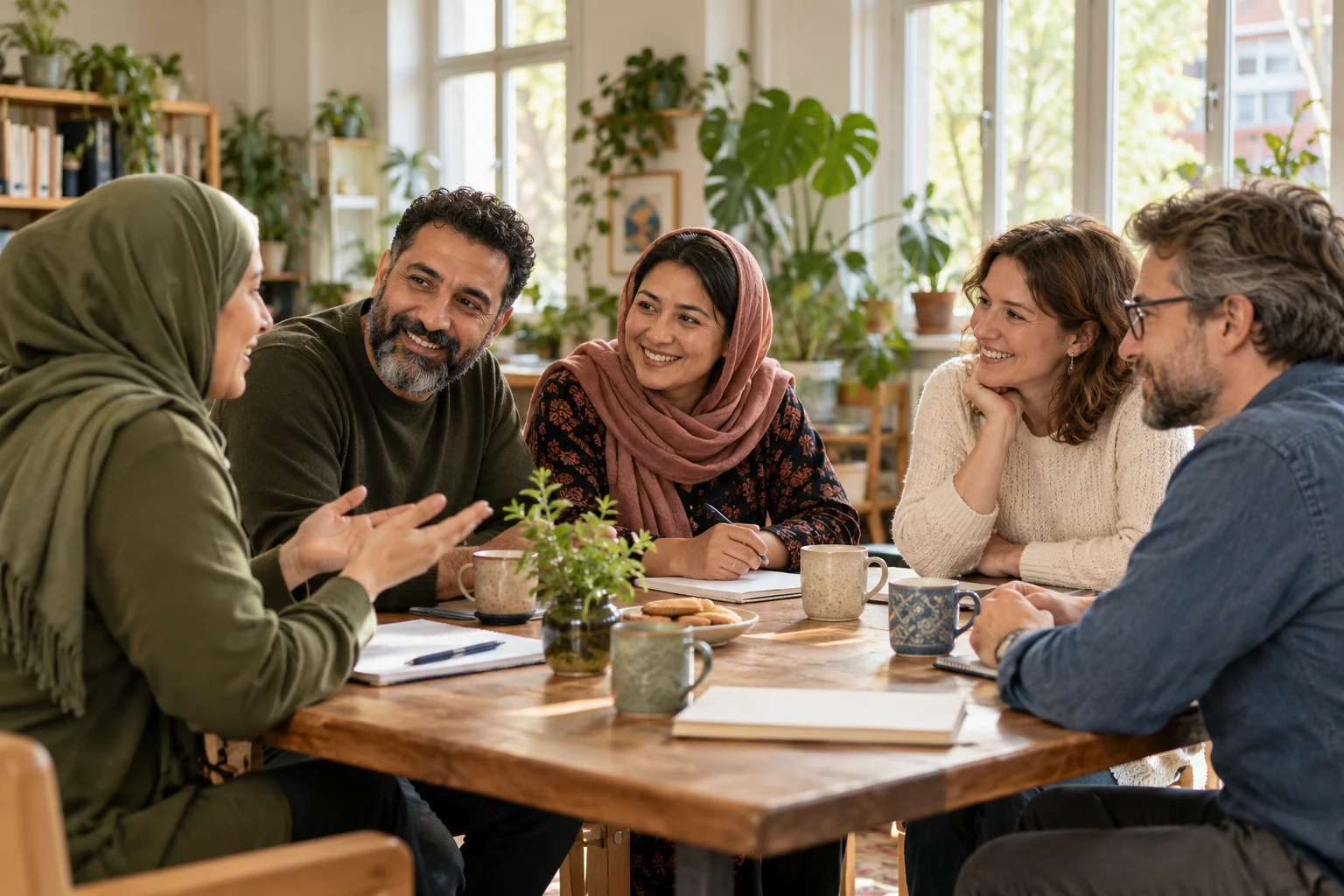 Menschen im Gespräch in einem hellen Gemeinschaftsraum